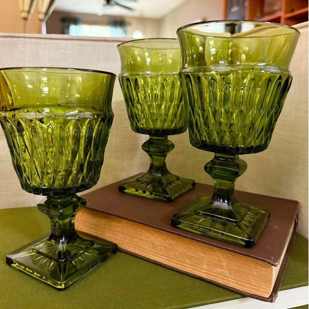 Set of 3 Indiana Glass Mount Vernon Goblets • Avocado Green